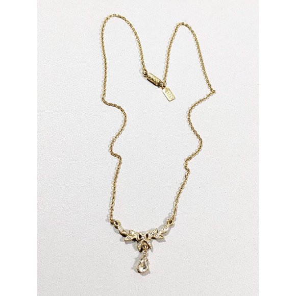 Gold and Crystal Bow and Teardrop Y-Drop Necklace- 1928 - Picture 2 of 7